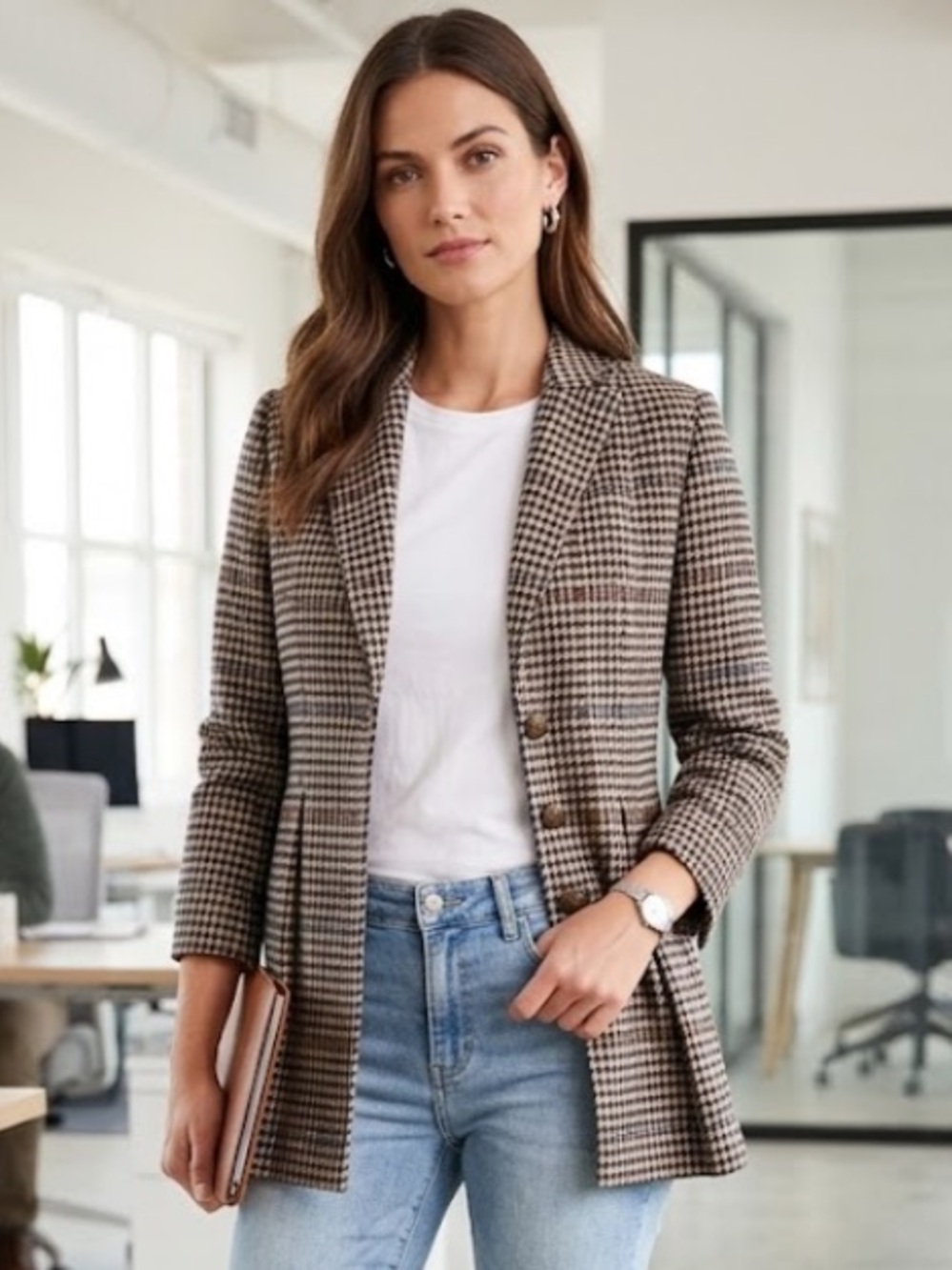 Soft Surroundings Brown and Blue Houndstooth Plaid and Pleated Blazer - Size PS